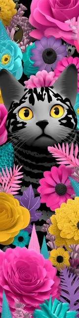 Cat bookmarks featuring a surprised gray cat with neon flowers